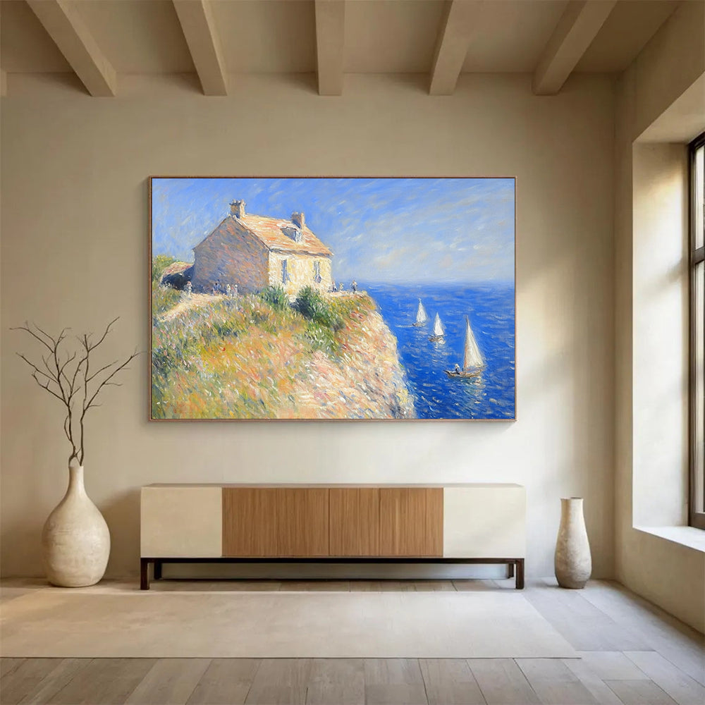 “Claude Monet - Style Seaside” - Blue, beige, seaside house, Impressionist Painting On Canvas HB0563