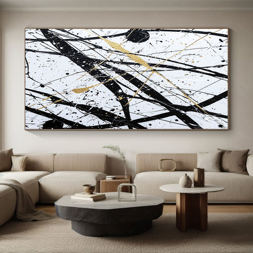 Black, White, Gold, Intertwined Lines "Gilded Chaos" Abstract Expressionist Painting On Canvas HB047