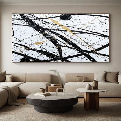 Black, White, Gold, Intertwined Lines "Gilded Chaos" Abstract Expressionist Painting On Canvas HB047
