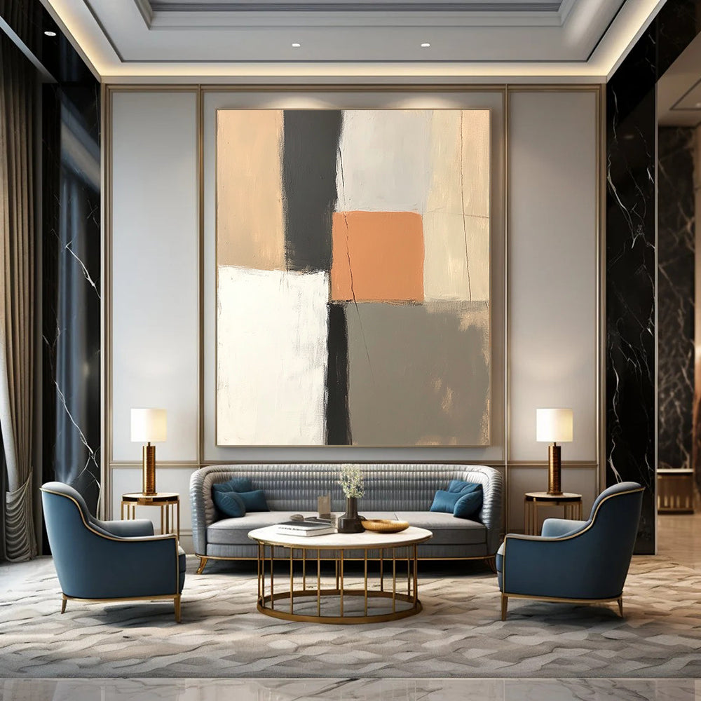 Contemporary hand-painted abstract artwork featuring muted pastel shades with an orange square and contrasting black line for a serene ambiance. DLZ1319