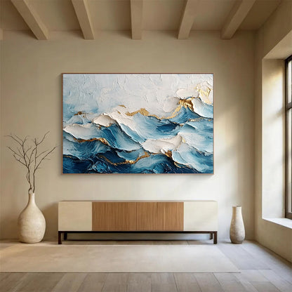 “Golden - Edged Blue Waves” - Blue, White, Gold, Textured Wave - like Abstract Painting On Canvas HB0976