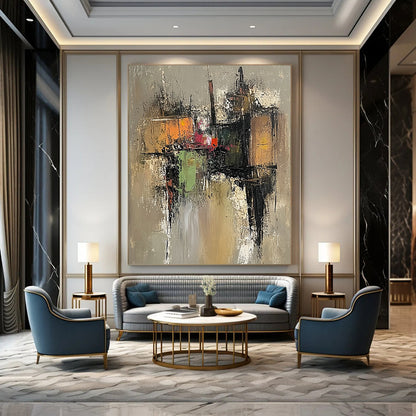Large contemporary hand-painted abstract artwork featuring an old village with muted colors and visible brushstrokes on a grayish-brown background. DLZ0960