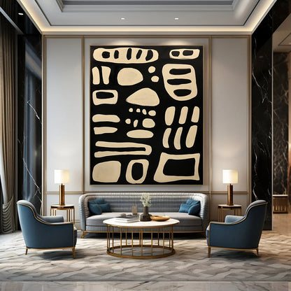 Contemporary hand-painted abstract art featuring bold lines and organic forms on a black background with elegant white isoglyph patterns. DLZ1244