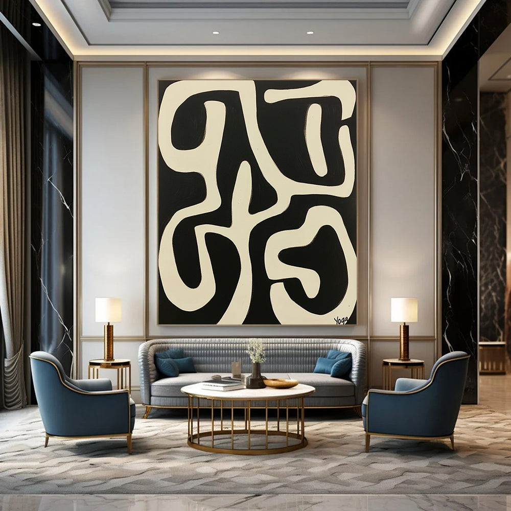 Vibrant contemporary abstract art featuring "Yoga" in bold white against a striking black background inspired by Peter Max and Victor Vasarely. DLZ1710