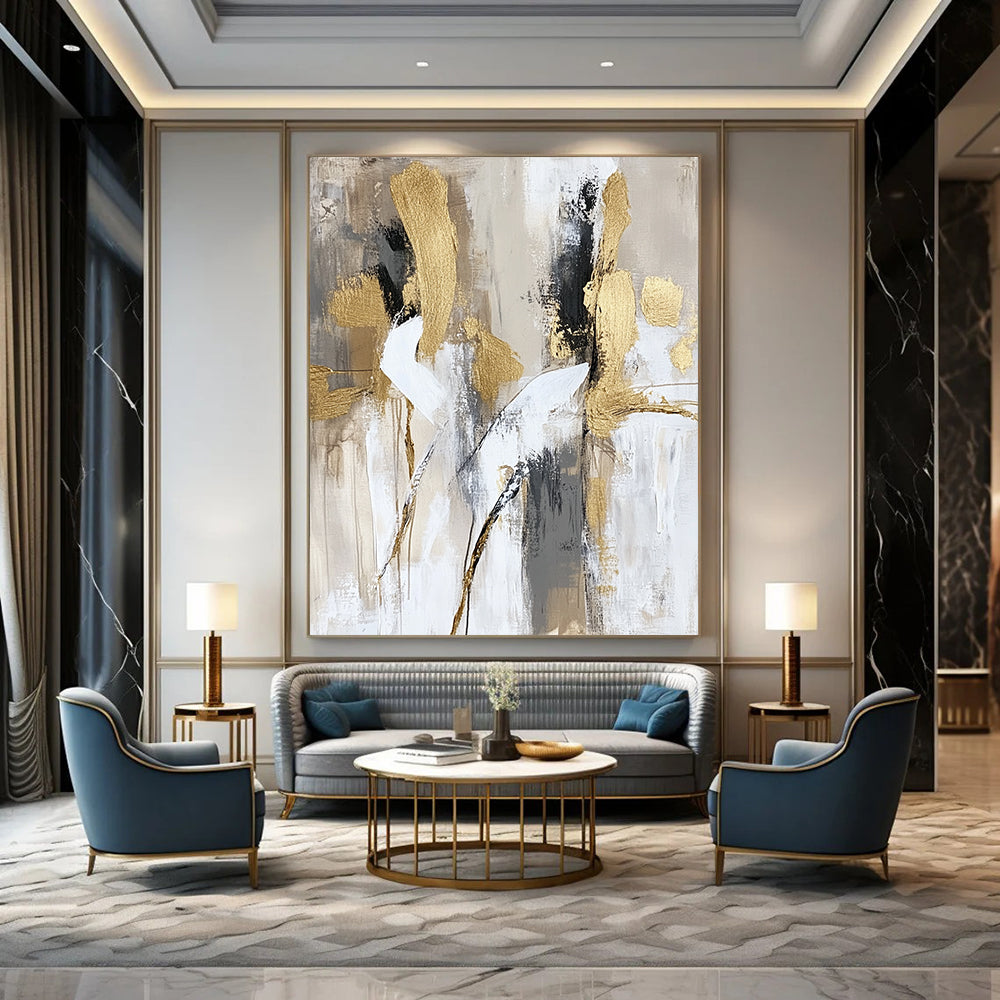 Contemporary hand-painted abstract art featuring soft brush strokes in neutral beige and white tones with elegant gold accents depicting dancing bodies in motion. DLZ0768