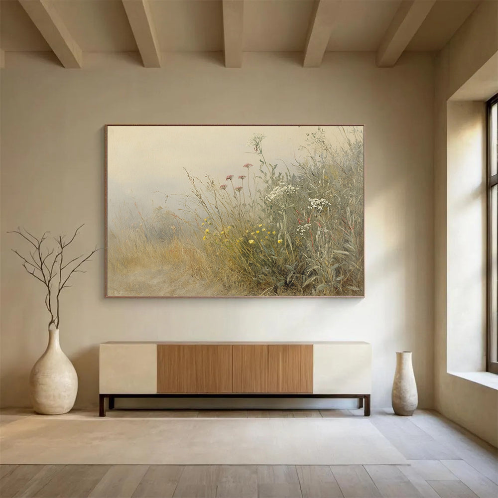 “Misty Meadow Wildflowers” - Beige, Gray, Pink, Yellow, White, Hazy Field of Flowers - Impressionistic Oil Painting HB1772