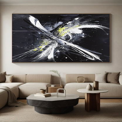 Black, White, Gray, Yellow, Explosive Strokes "Energetic Burst" Abstract Expressionist Painting On Canvas HB067