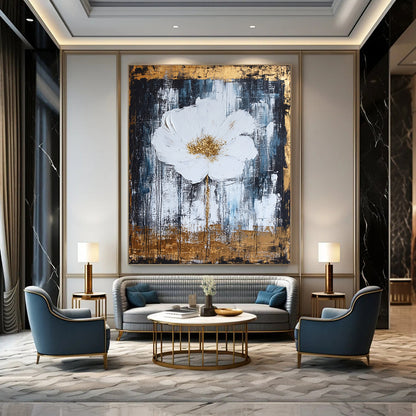 Contemporary hand-painted abstract artwork featuring white and gold tones, thick brush strokes, textured canvas, and a harmonious design with elegant metallic accents. DLZ0779