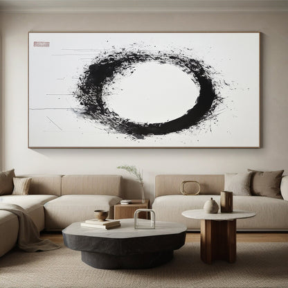 Black & Gray Splattered Circular Ink - “Subtle Enso Depth” Painting On Canvas HB248