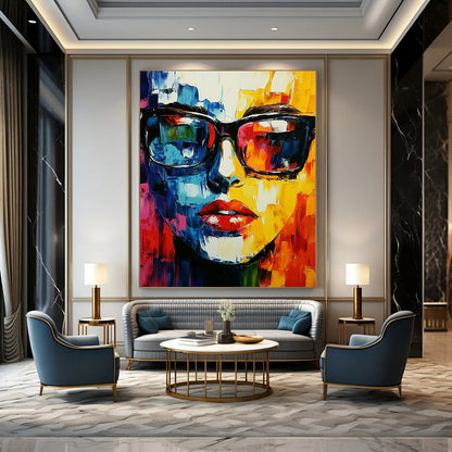 Contemporary abstract artwork featuring a vibrant face with glasses created using a palette knife technique, perfect for modern decor. DLZ0594