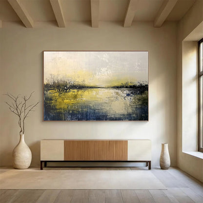 “Misty Yellow Lake” - Yellow, Gray, Hazy Sky and Reflective Water Painting On Canvas HB0939