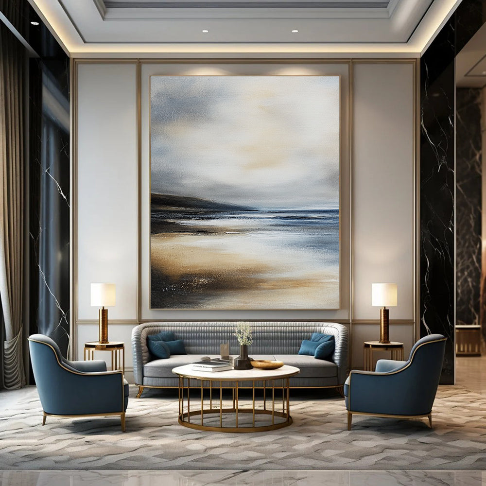 Contemporary hand-painted abstract art featuring a serene beach landscape with muted gray-blue and beige colors evoking tranquility and coastal essence. DLZ0283