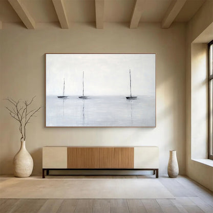 “Sailboats on Gray Water” - Gray, Black, Minimalist Sailboat Scene Painting On Canvas HB0959