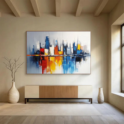“Colorful Cityscape Reflection” - Colorful, Urban Skyscrapers, Reflection in Water Painting On Canvas HB0848