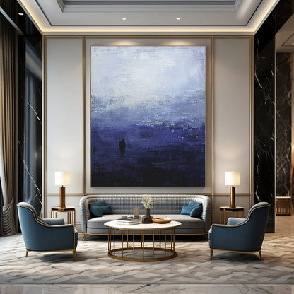 Contemporary hand-painted abstract art featuring atmospheric dark blue and grey sky tones with a solitary silhouette evoking tranquility and isolation. DLZ0513