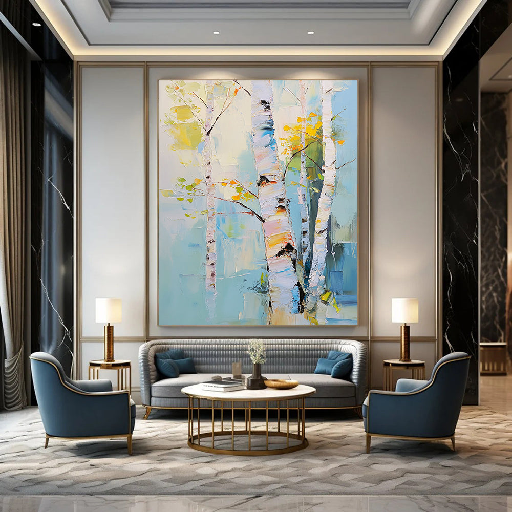 Contemporary hand-painted abstract art featuring birch trees with pastel hues expressing nature's beauty through soft brushstrokes and atmospheric light effects. DLZ1104