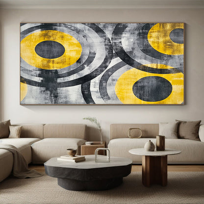 Gray, Black, Yellow and White Abstract Circles "Energetic Orbits" Painting On Canvas HB380
