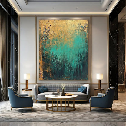 Contemporary hand-painted abstract artwork featuring textured teal and gold tones creates an atmospheric dreamlike effect with depth and elegance. DLZ1066