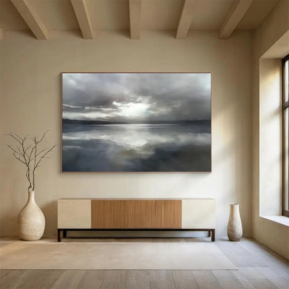 “Moody Lake Reflection” - Gray clouds reflected in a lake, Impressionist Landscape Painting On Canvas HB0551