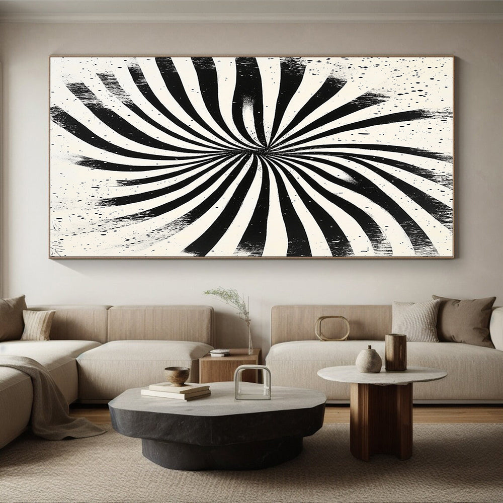 Black and White Radial Stripes "Optical Burst" Painting On Canvas HB283