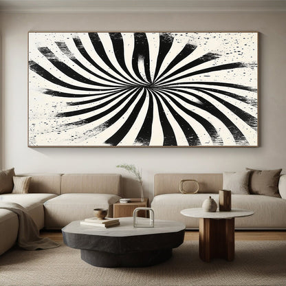Black and White Radial Stripes "Optical Burst" Painting On Canvas HB283