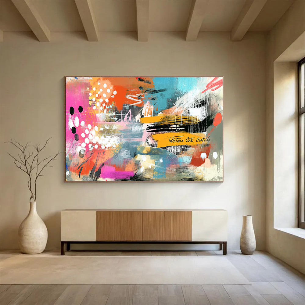 “Vibrant Abstract Collage” - Bold mix of pink, orange, blue with playful patterns, Contemporary Mixed - Media Painting On Canvas HB0539