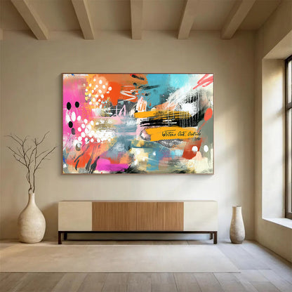 “Vibrant Abstract Collage” - Bold mix of pink, orange, blue with playful patterns, Contemporary Mixed - Media Painting On Canvas HB0539