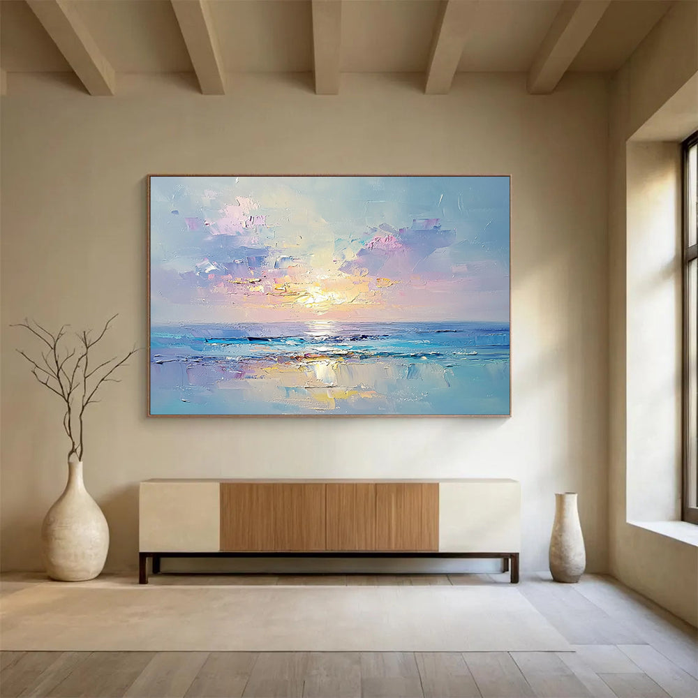 “Pastel Sunset Horizon” - Soft Pinks, Purples, Oranges, Abstract Seascape Sunset - Impasto Oil Painting HB1758
