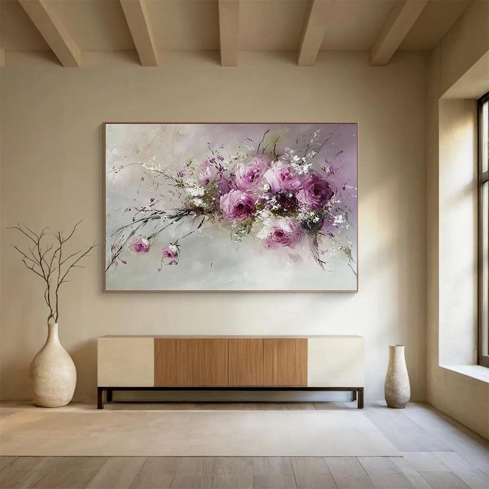 Pink, Purple, White and Green Floral Impasto "Romantic Blooms" Painting On Canvas HB0656