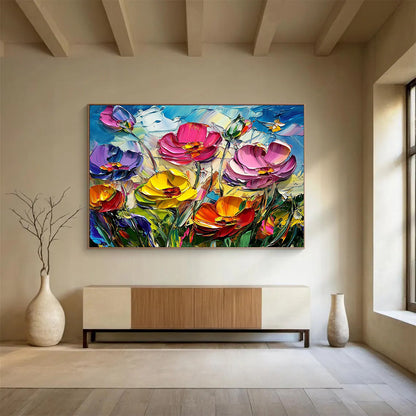 “Textured Colorful Poppy Field” - Pink, Purple, Yellow, Orange, Textured Poppy Blooms - Impasto Acrylic Painting HB1641