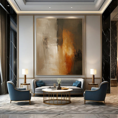 Contemporary abstract painting with soft beige and grey tones features tall vertical elements, blurred edges, and a textured surface against a dark gray wall. DLZ0560