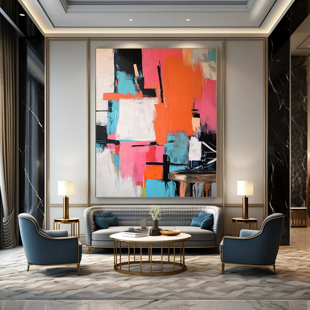 Contemporary abstract artwork featuring vibrant pink orange teal with bold black strokes large color blocks and dynamic shapes on a textured canvas. DLZ0903