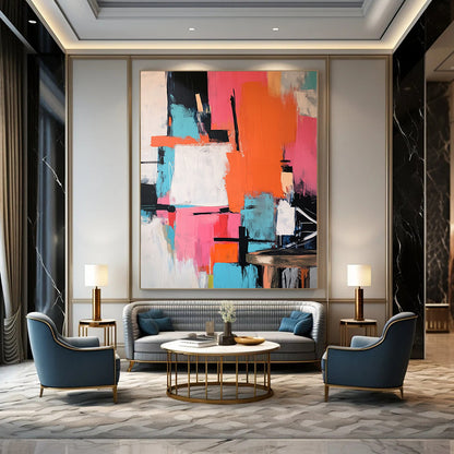 Contemporary abstract artwork featuring vibrant pink orange teal with bold black strokes large color blocks and dynamic shapes on a textured canvas. DLZ0903