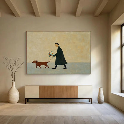 “Man Walking Dog with Flowers” - Simple figures, muted colors, peaceful scene, Minimalist Narrative Painting On Canvas HB0603