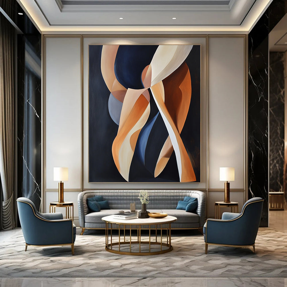 Contemporary abstract artwork featuring dynamic shapes of women's legs in motion against a dark background with light orange and navy blue accents. DLZ1668