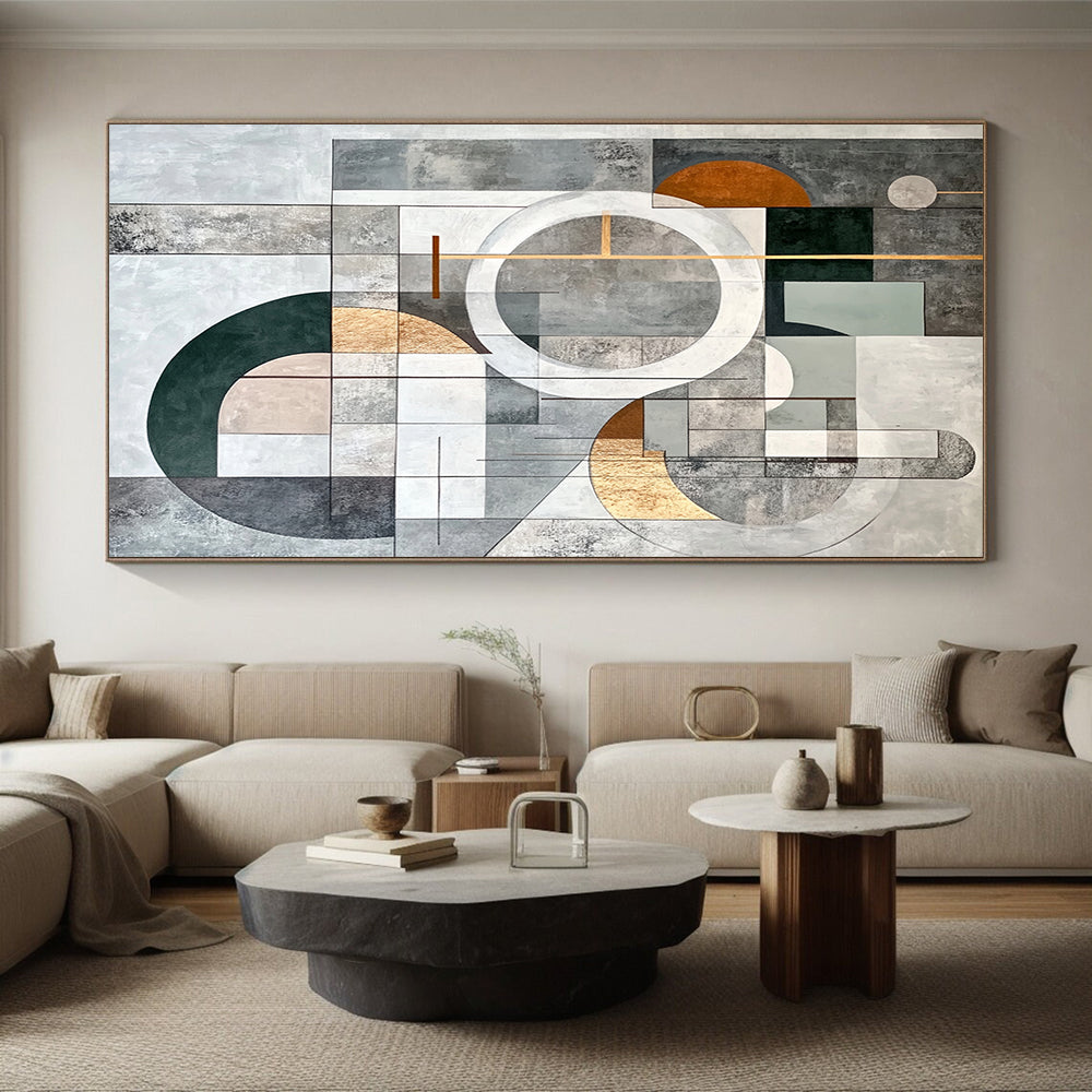Gray, Yellow, White, Black and Beige Geometric Abstraction "Sunny Geometry" Painting On Canvas HB387