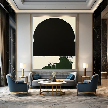 Contemporary hand-painted abstract art featuring a minimalist black circle with a white border and a small dark green splash on a black background. DLZ1382