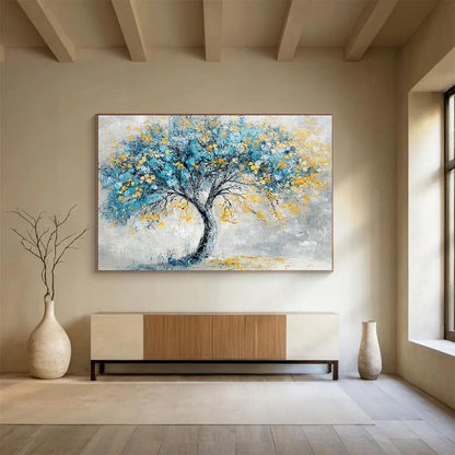 “Blue - Yellow Tree” - Gray background, blue foliage, yellow blossoms, Textured Tree Painting On Canvas HB0589