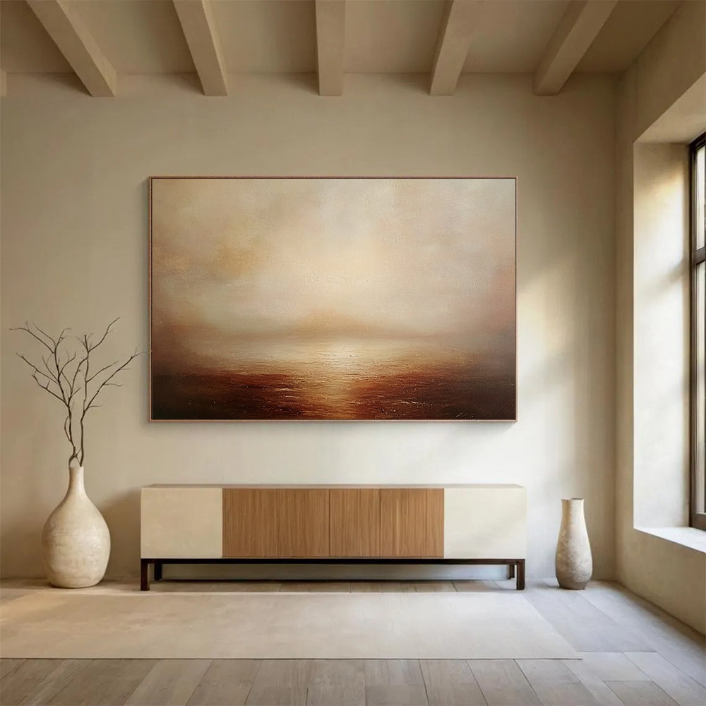 “Misty Sea at Dusk” - Browns, Beiges, Whites, Foggy Ocean - Atmospheric Oil Painting HB1593