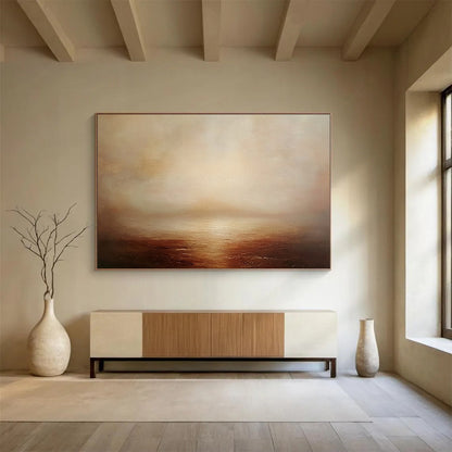 “Misty Sea at Dusk” - Browns, Beiges, Whites, Foggy Ocean - Atmospheric Oil Painting HB1593