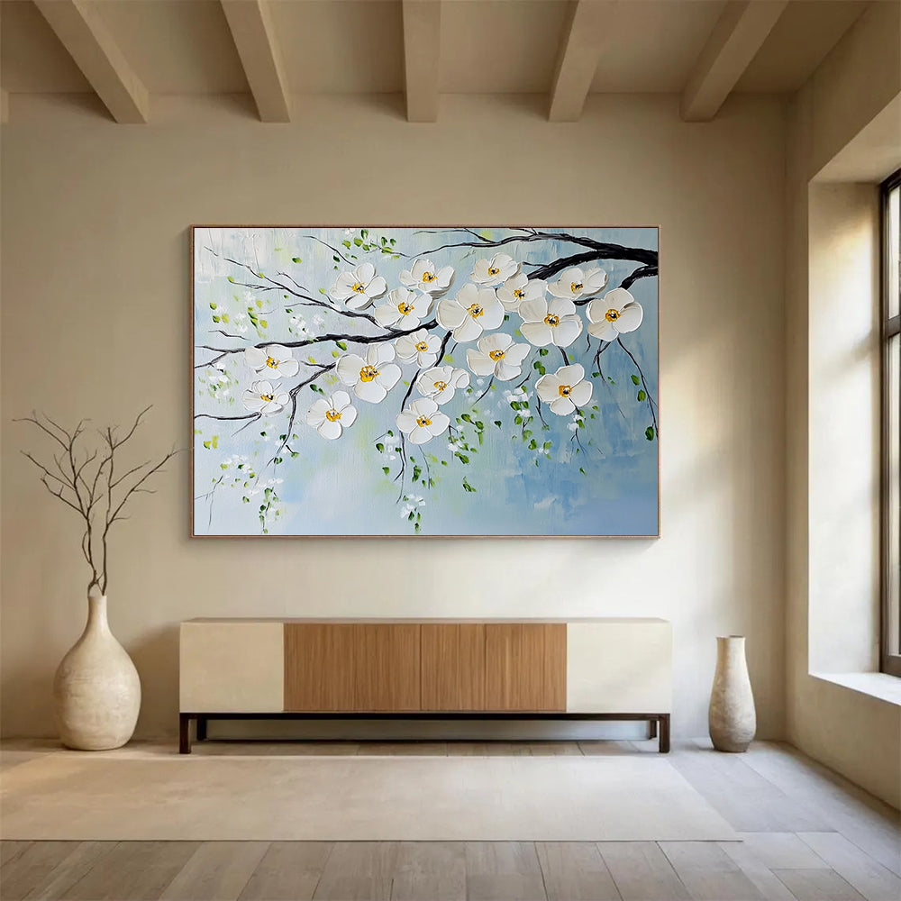 “White Blossoms on Branches” - White, Yellow, Green, Blue, White Blossoms on Branches - Impasto Oil Painting HB1785