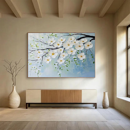 “White Blossoms on Branches” - White, Yellow, Green, Blue, White Blossoms on Branches - Impasto Oil Painting HB1785