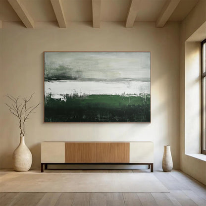 “Green and Gray Abstract Landscape” - Green, gray, white; Abstract landscape with green and gray; Acrylic Painting On Canvas HB1254