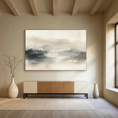 “Misty Landscape Watercolor” - Gray, Beige, Misty Landscape Watercolor On Canvas HB0717