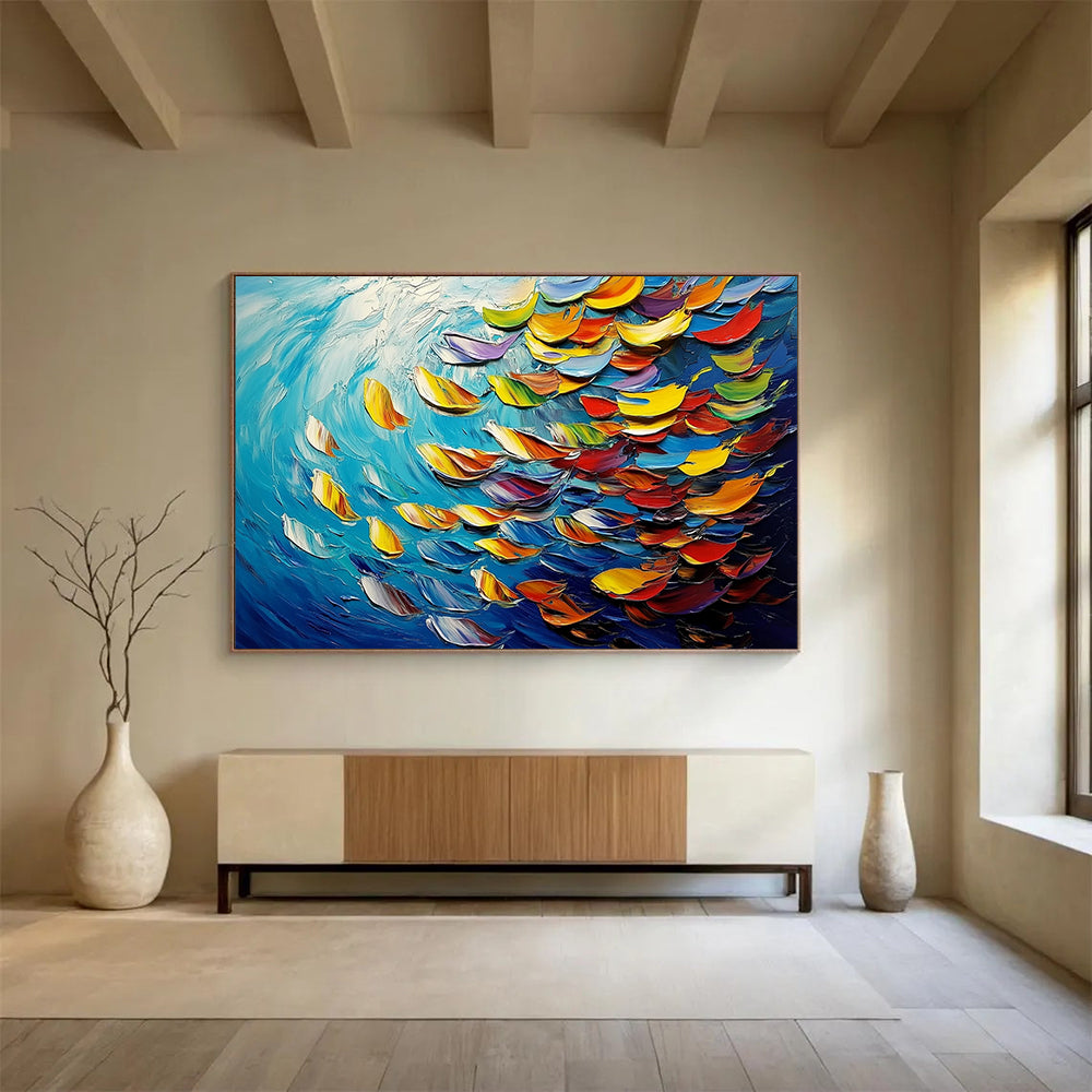 “Colorful Fish in 3D Waves” - Blue, Colorful Fish Shapes, Textured 3D - like Marine Painting On Canvas HB1096