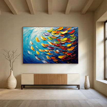 “Colorful Fish in 3D Waves” - Blue, Colorful Fish Shapes, Textured 3D - like Marine Painting On Canvas HB1096
