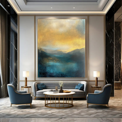 Contemporary abstract painting featuring misty mountains golden sky textured in teal and yellow tones perfect for adding elegance to any space. DLZ0486