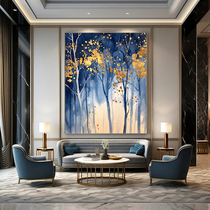 Contemporary hand-painted abstract artwork featuring an enchanted blue forest with golden leaf accents and soft lighting that evokes tranquility and magic. DLZ0326