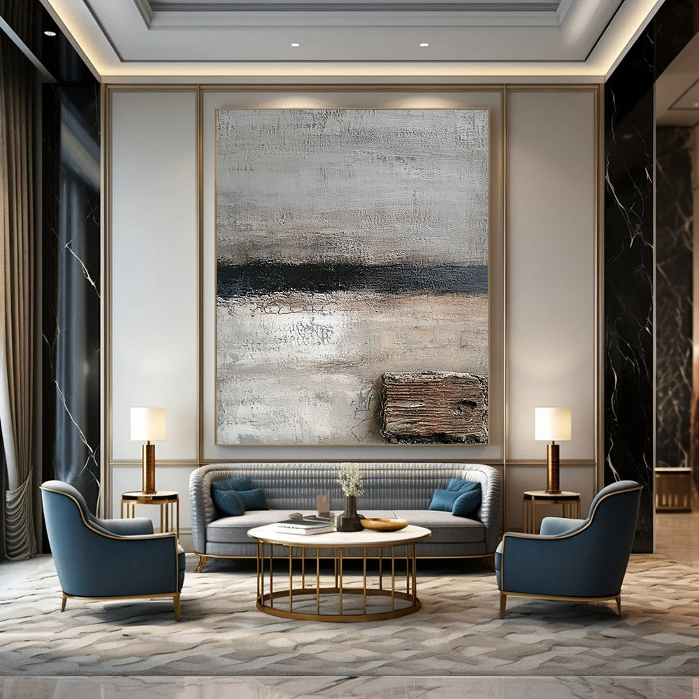 Contemporary hand-painted abstract art featuring shades of gray and white with textured wood and hints of dark blue for a serene aesthetic. DLZ0925