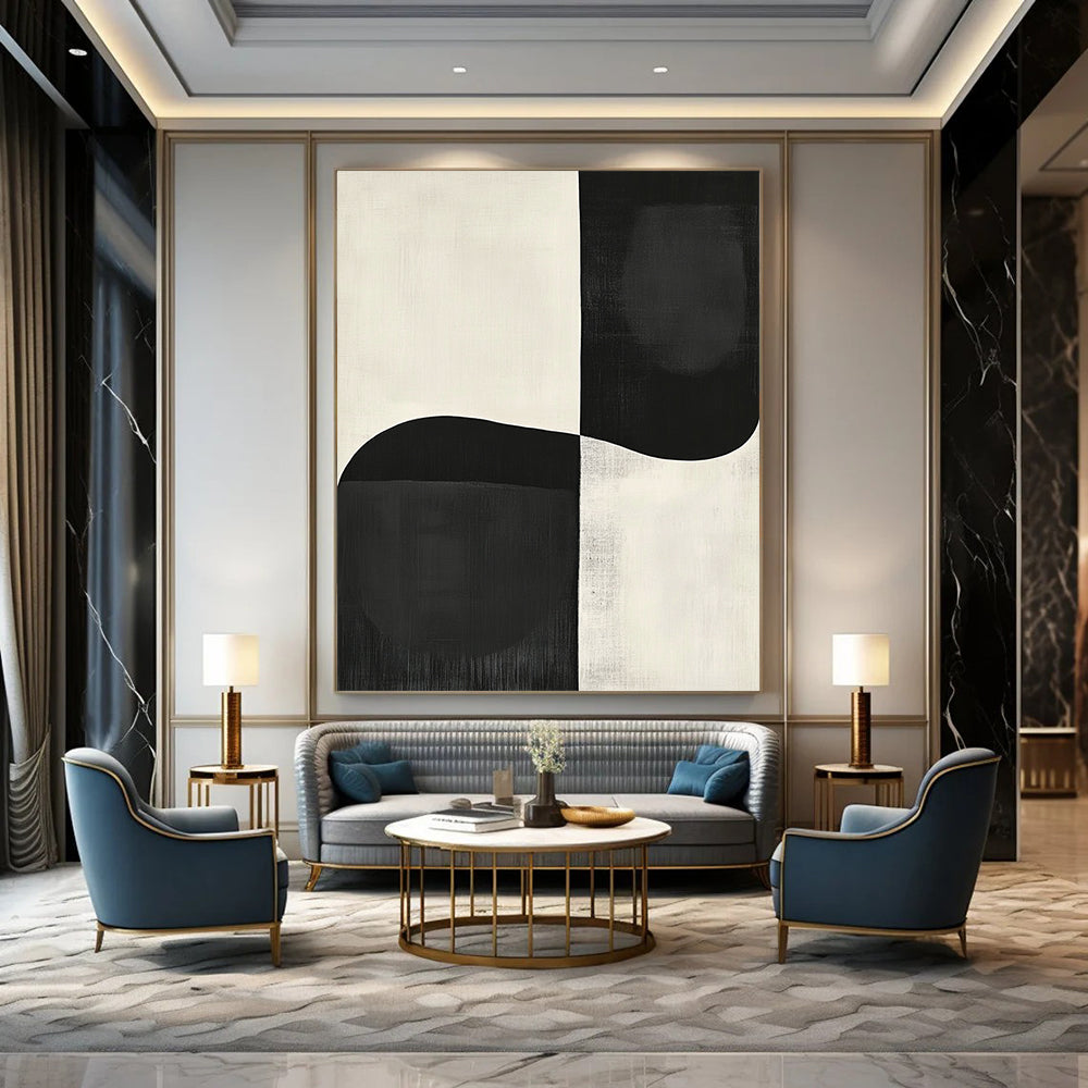 Contemporary abstract painting featuring large black and white shapes inspired by Japandi art and Peter Littleman, perfect for modern decor. DLZ1340